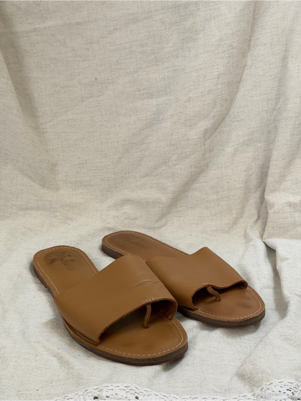 Madewell Cognac Leather Slide Sandals with Toe Loop